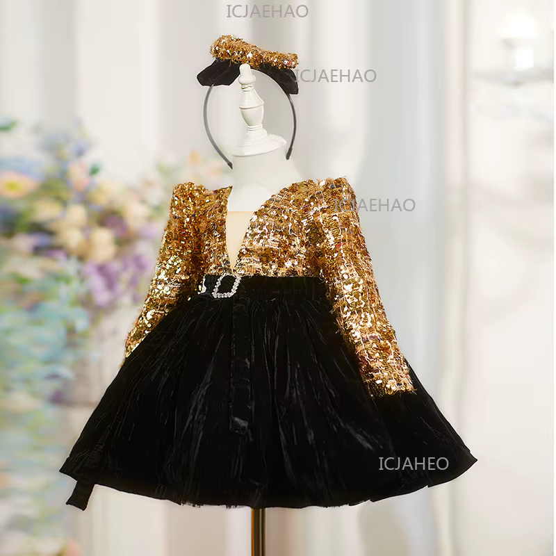 Robe de princesse bouffante super féerique à sequins dorés pour bébé fille de 1 an, style français, 