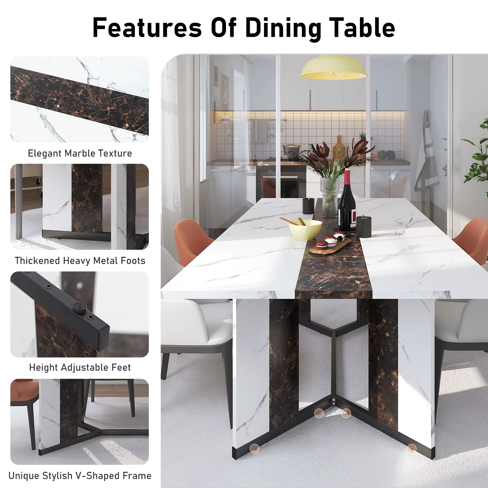 Grande table à manger rectangulaire luxueuse de 71 po pour 6 8 10 personnes, table queen familiale a