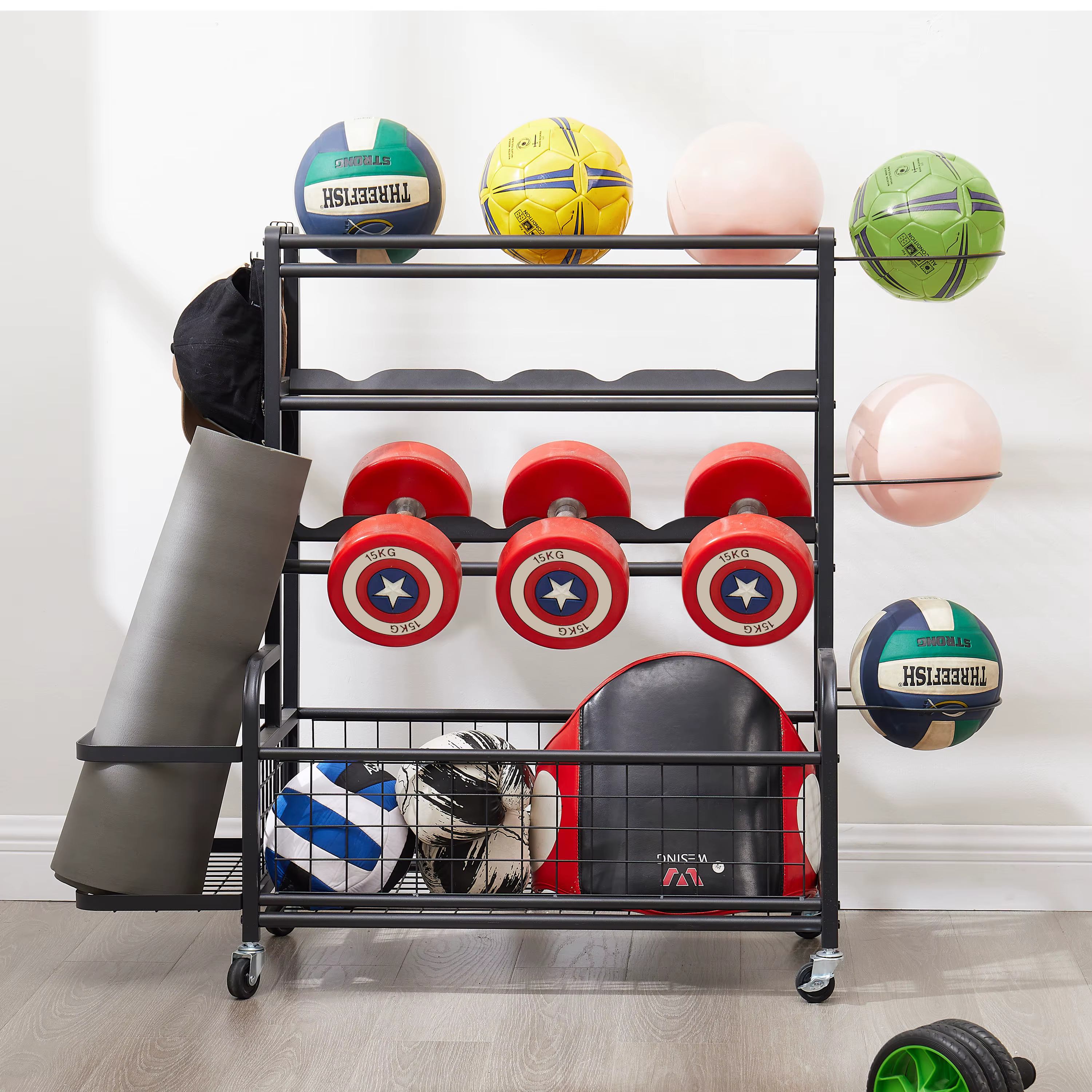 Polymères de stockage en métal à 4 niveaux avec roues roulantes, équipement de sport de basket-ball,
