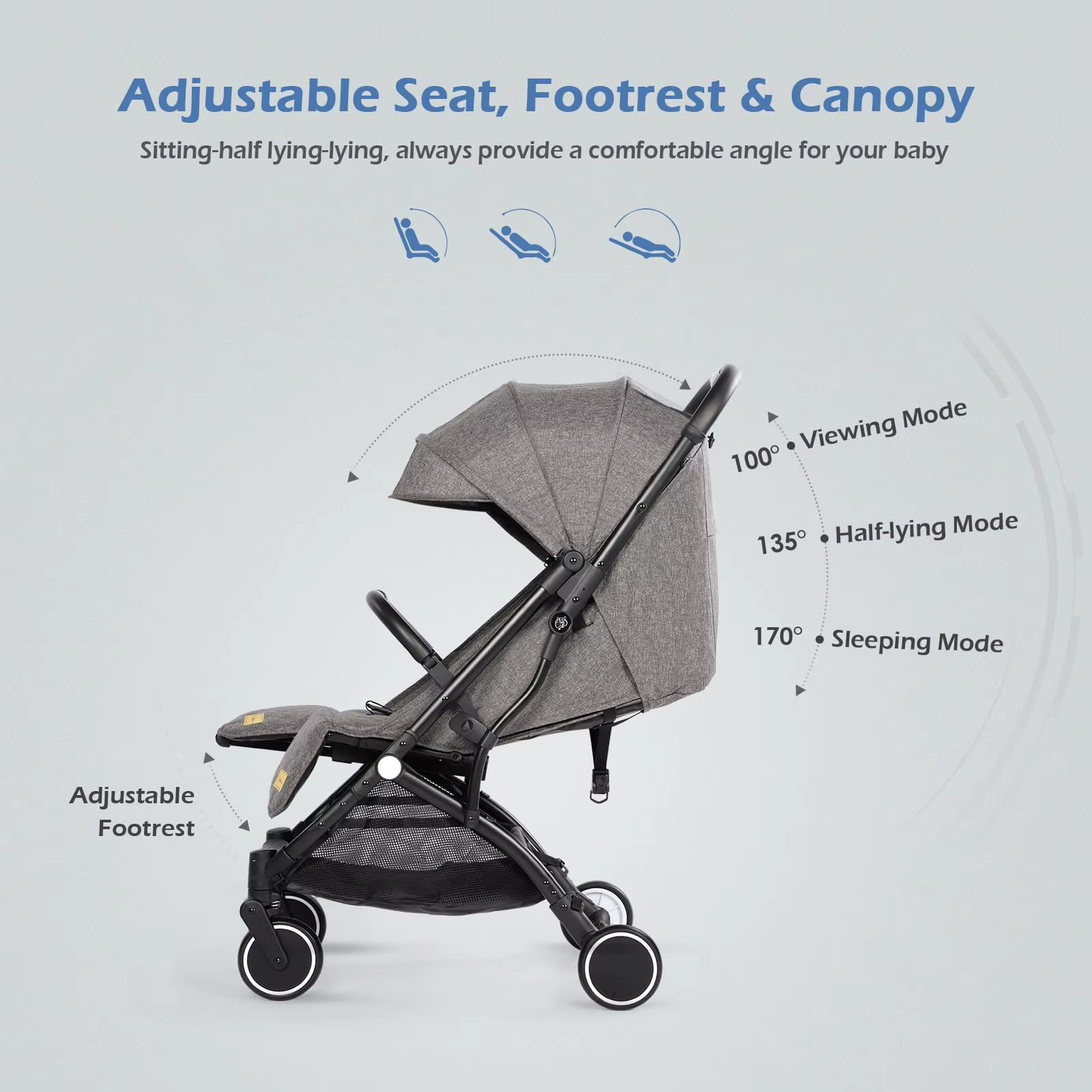 Poussette bébé, poussette compacte pliable d'une seule main avec housse de pluie et moustiquaire, po