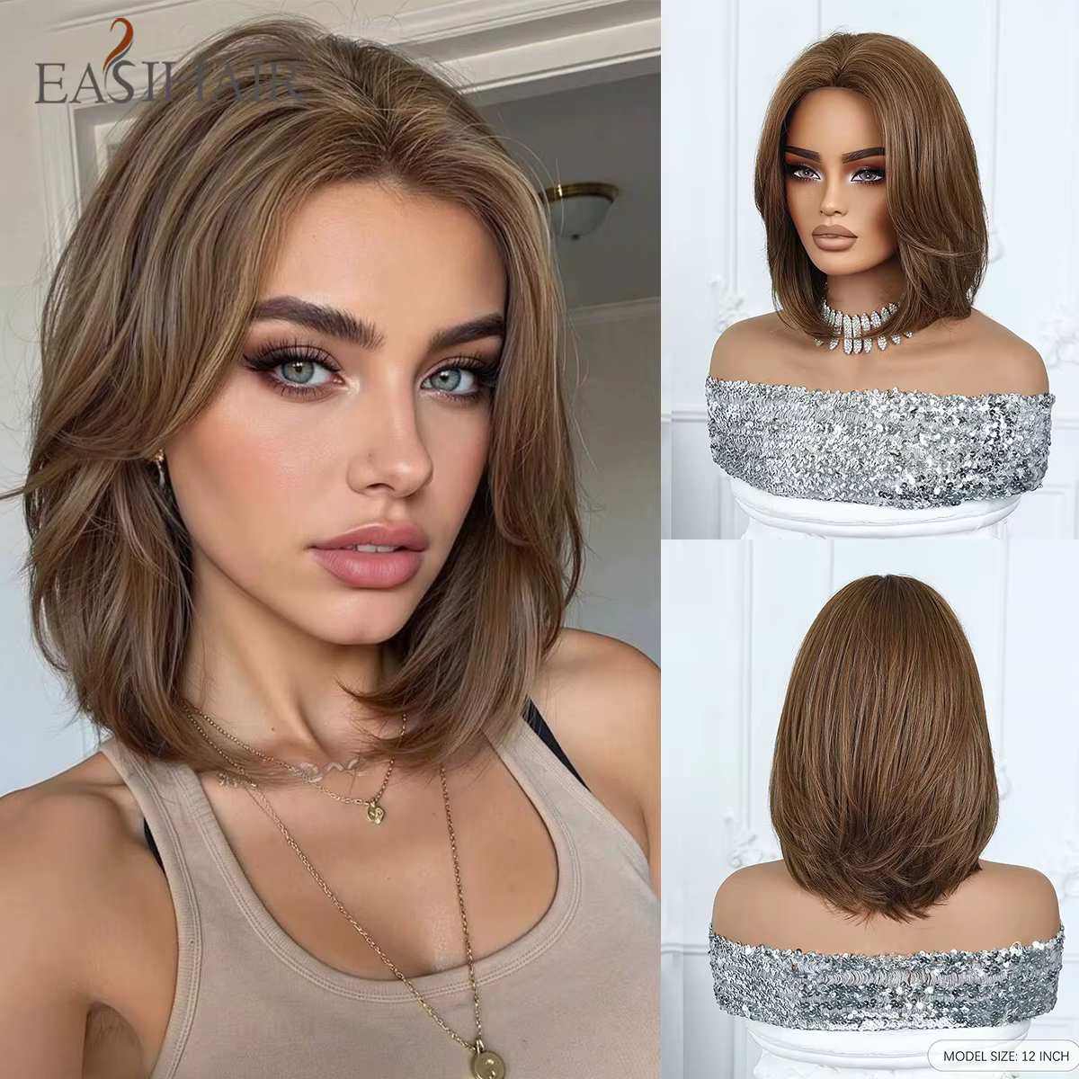 EASIHAIR – perruques synthétiques courtes et lisses pour femmes, perruques naturelles lisses brunes 