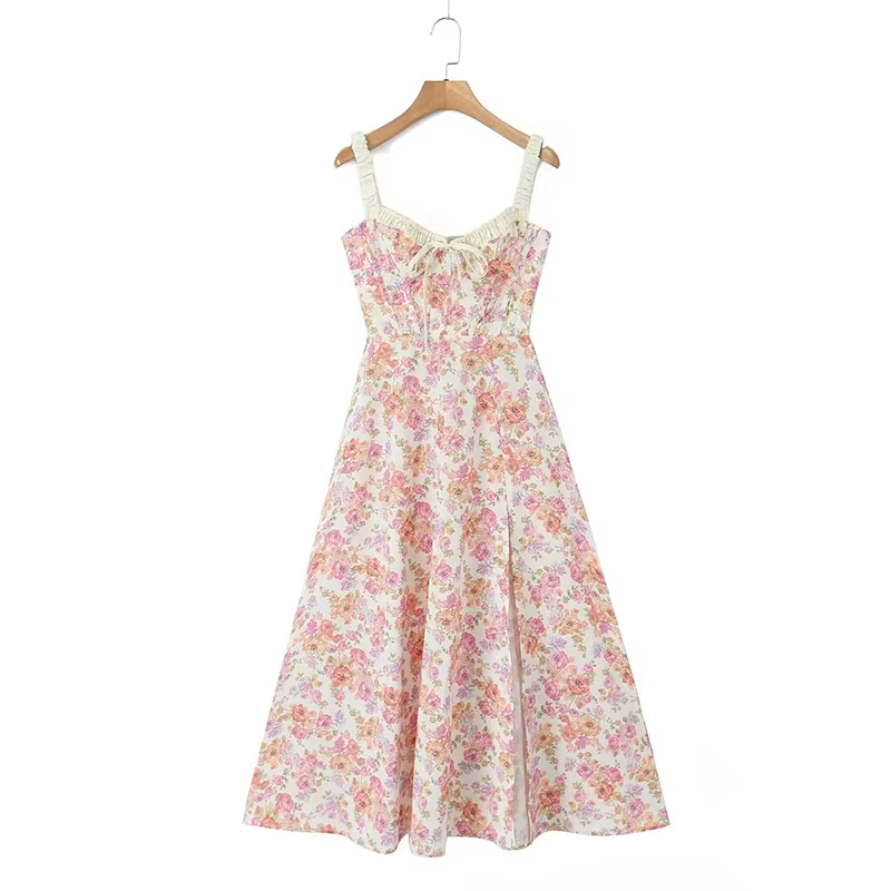 YENKYE-Robe mi-longue à imprimé floral de style français pour femmes, robe à bretelles A-ligne, fent