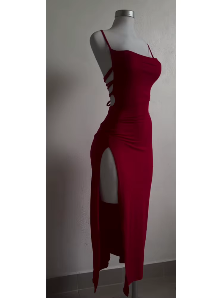 Robe longue à lacets, dos nu, Sexy, fendue, sans manches, moulante, fête, Club, Robes de soirée, rue