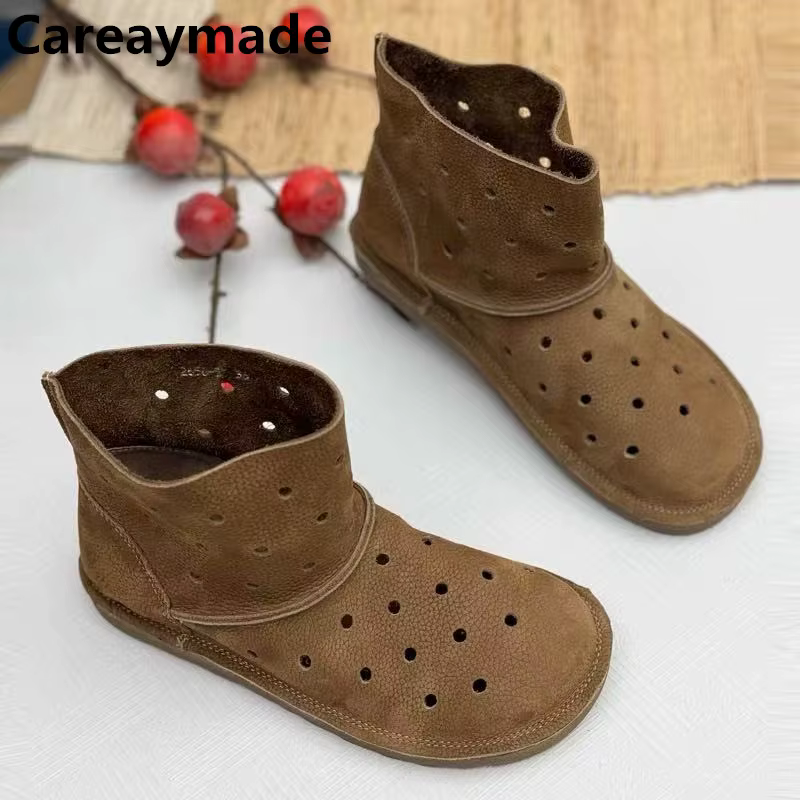 Careaymade-bottines en cuir véritable chaussures plates bout rond Slip-On évider bottes courtes de h