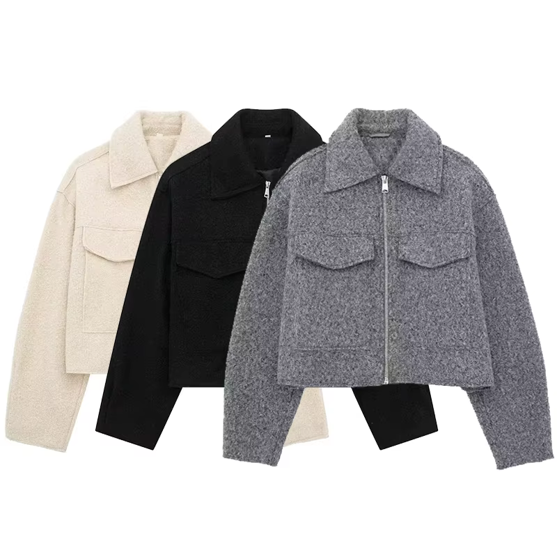 Willshela femmes mode avec poches gris avant vestes à glissière Vintage revers cou manches longues f