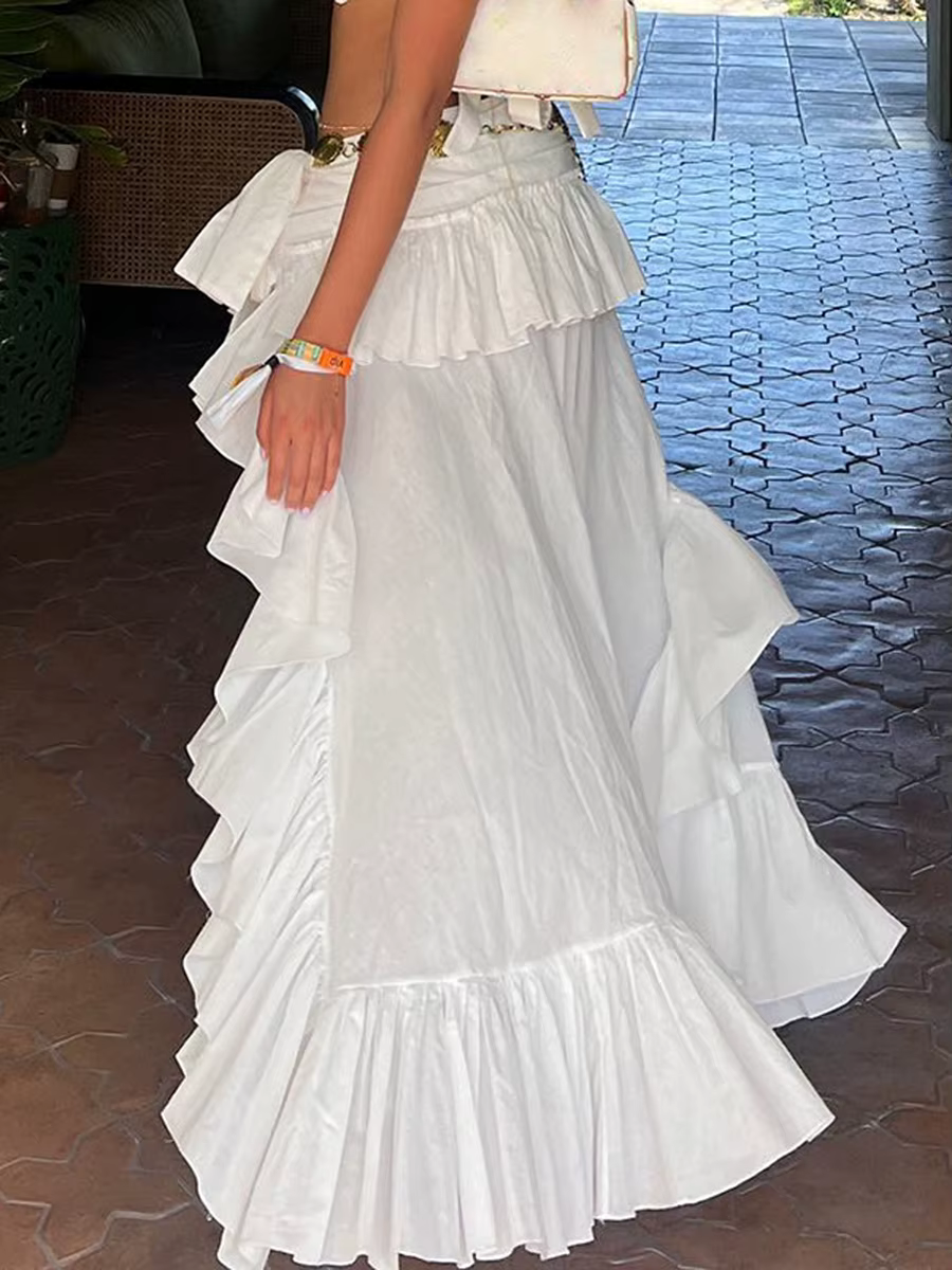Jupe fluide à volants irréguliers pour femmes, bande élastique, taille fluide, jupe midi blanche, st