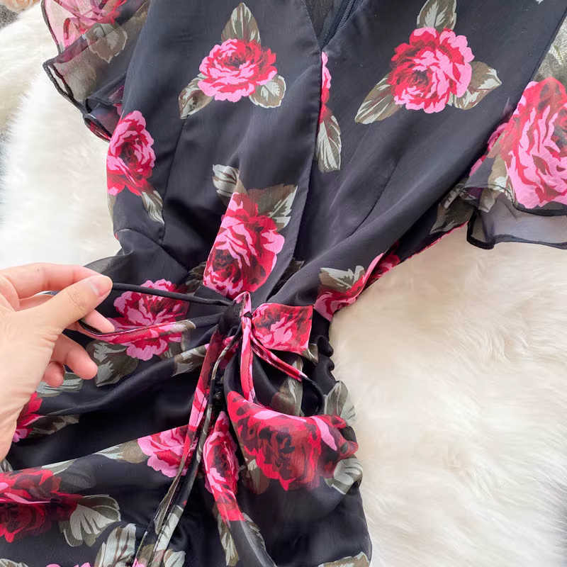 Robe vintage en mousseline de soie, élégante, col en v, à volants, décontractée, taille haute, pour
