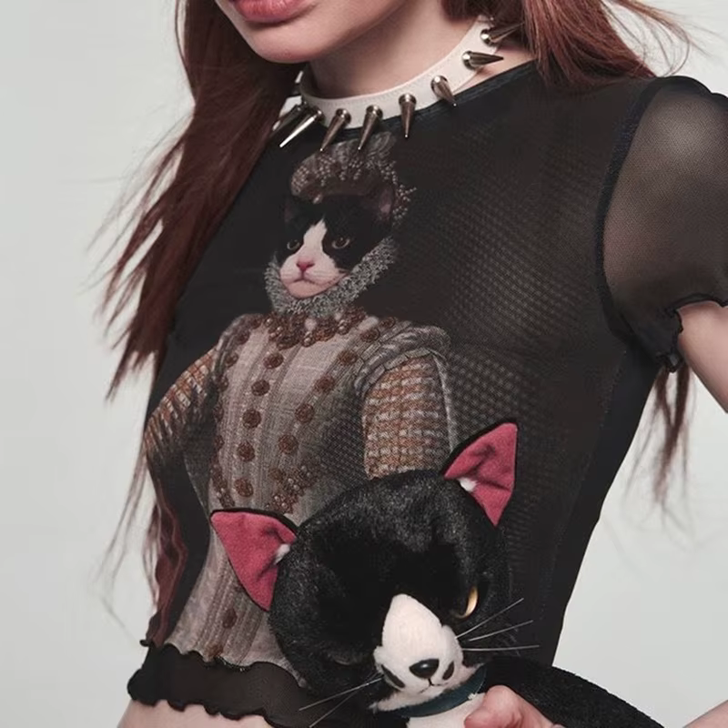 Y2K-T-shirt à manches courtes en maille de dentelle pour femmes, haut court imprimé chat, transparen
