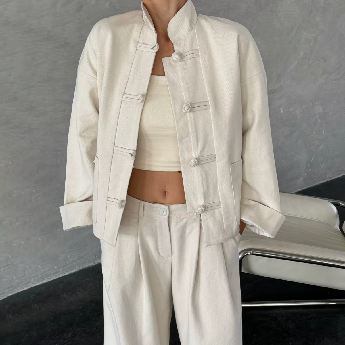 VTKW 2026 Nouvel ensemble veste et pantalon pour femme style chinois, col mandarin, boutons grenouil