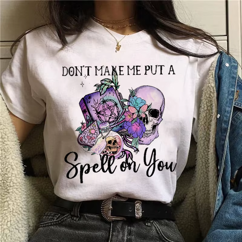 T-shirt à manches courtes pour femme, haut graphique, costume de rue, dessin animé, sorcière, magiqu