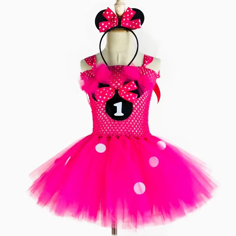 Robe Tutu Mickey rose pour filles mignonnes, en Tulle au Crochet, avec points blancs et nœud pour ch