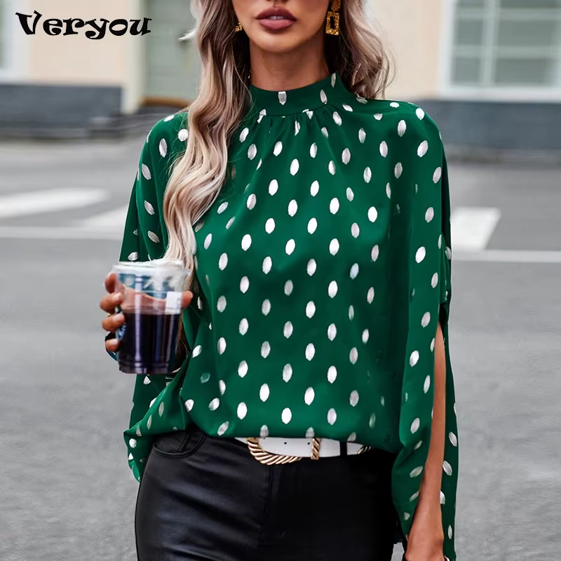 2023 chemises à pois haut femmes rétro automne Blouse volants à manches longues décontracté en mouss