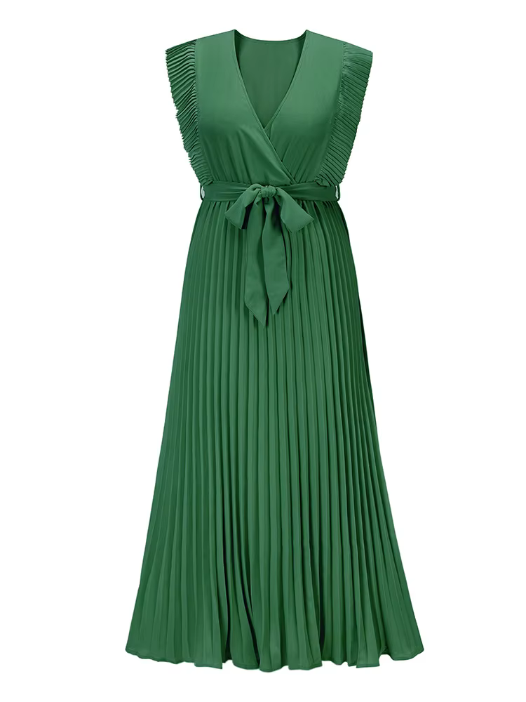 Mode élégante femmes robe sans manches col en V longue robe d'été Sexy pli robe de soirée femme en m