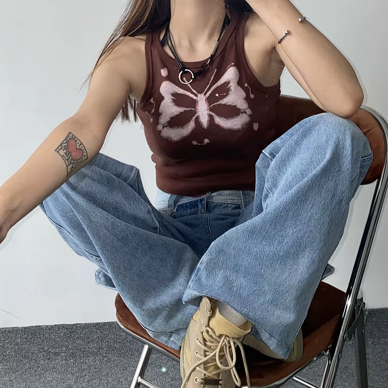 Haut court à imprimé papillon pour femmes, Streetwear des années 90, Punk esthétique Y2K, E-Girls, F