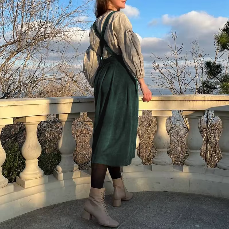 Robe en velours côtelé pour femme, robe chasuble mi-longue, dos croisé, vintage, ensemble une pièce,