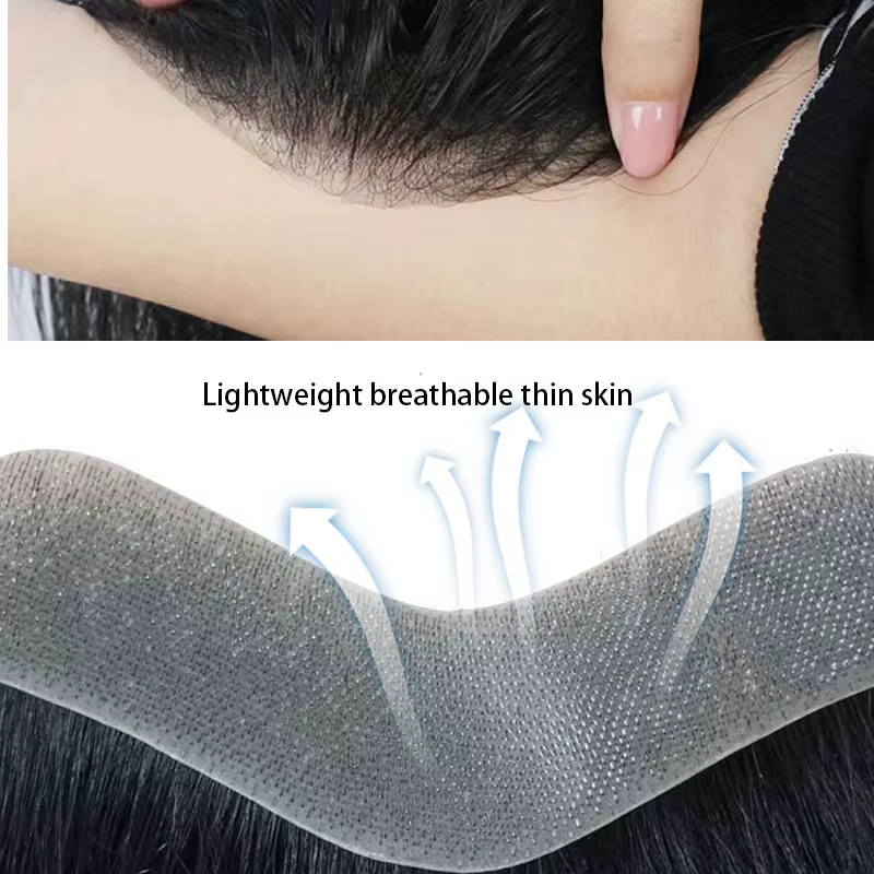 Prothèse capillaire pour hommes en PU à peau fine, système de remplacement capillaire frontal en V, 