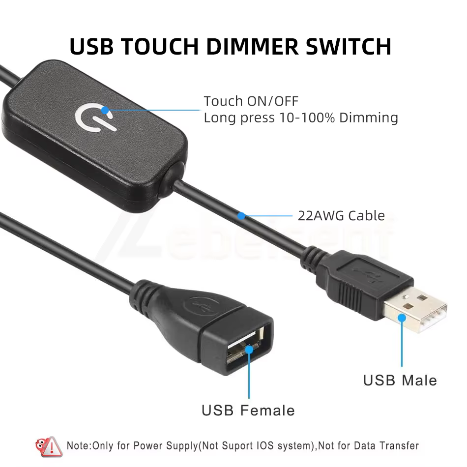 Câble USB mâle à femelle avec interrupteur marche/arrêt, bouton noir et blanc, contrôleur de variate