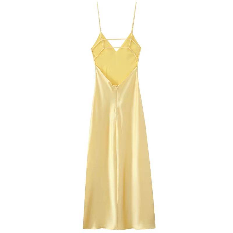 HXAO femmes jaune robe d'été 2025 femme Satin col en v robes de soirée élégante soirée sans manches 
