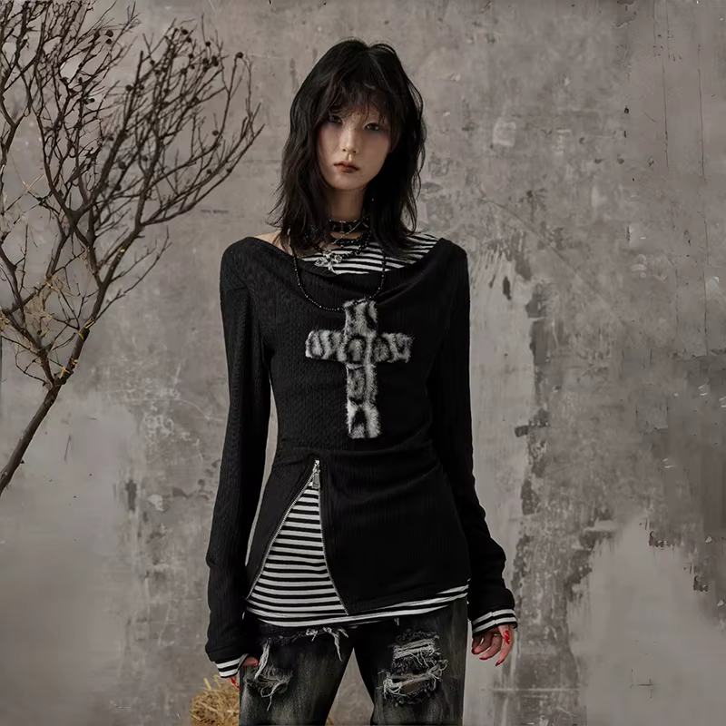 Karrcat Grunge esthétique faux deux pièces hauts Trashy Y2k à manches longues tricoté hauts Wastelan