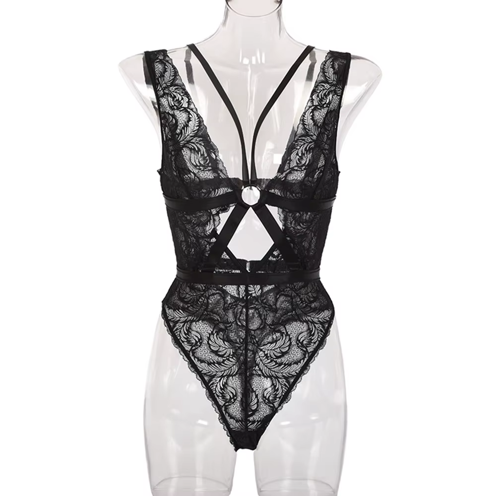 Sexy dentelle transparente Lingerie Pornos costume femmes évider pansement sous-vêtements body vêtem