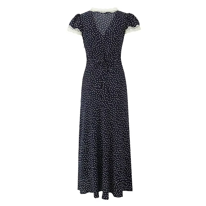 YENKYE-Robe longue bleu marine à pois pour femmes, bordure en dentelle, col en V, manches courtes, l