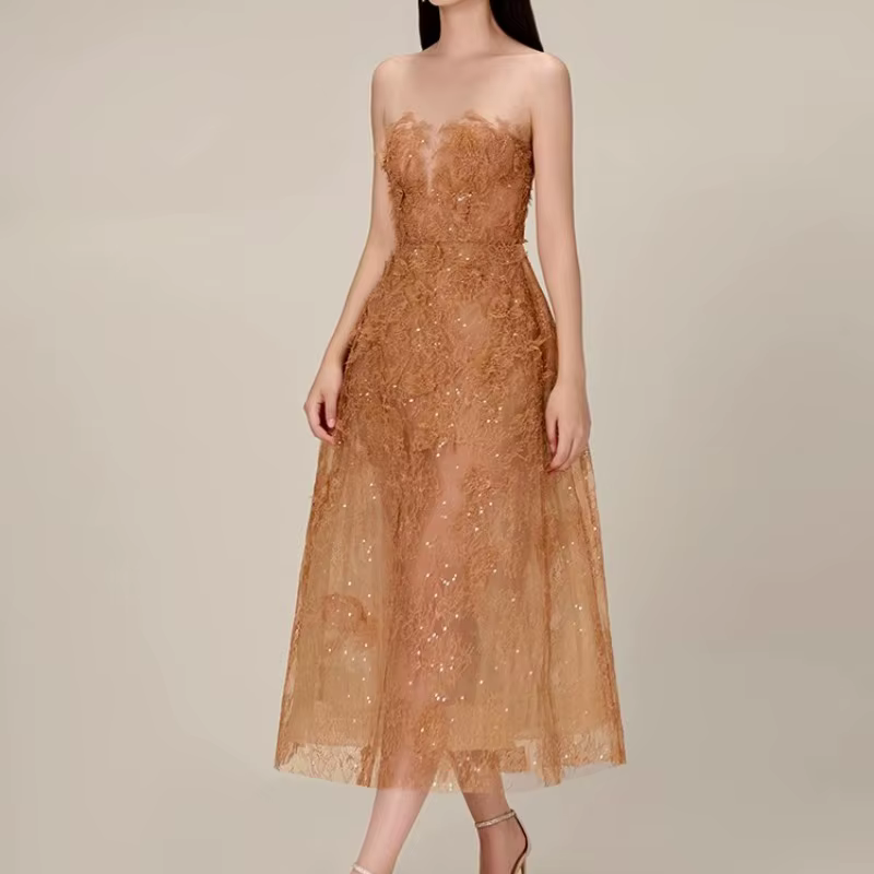 Robe de Soirée en Dentelle pour Femme, Tenue Élégante, Taille Haute, Col Rond, 20234