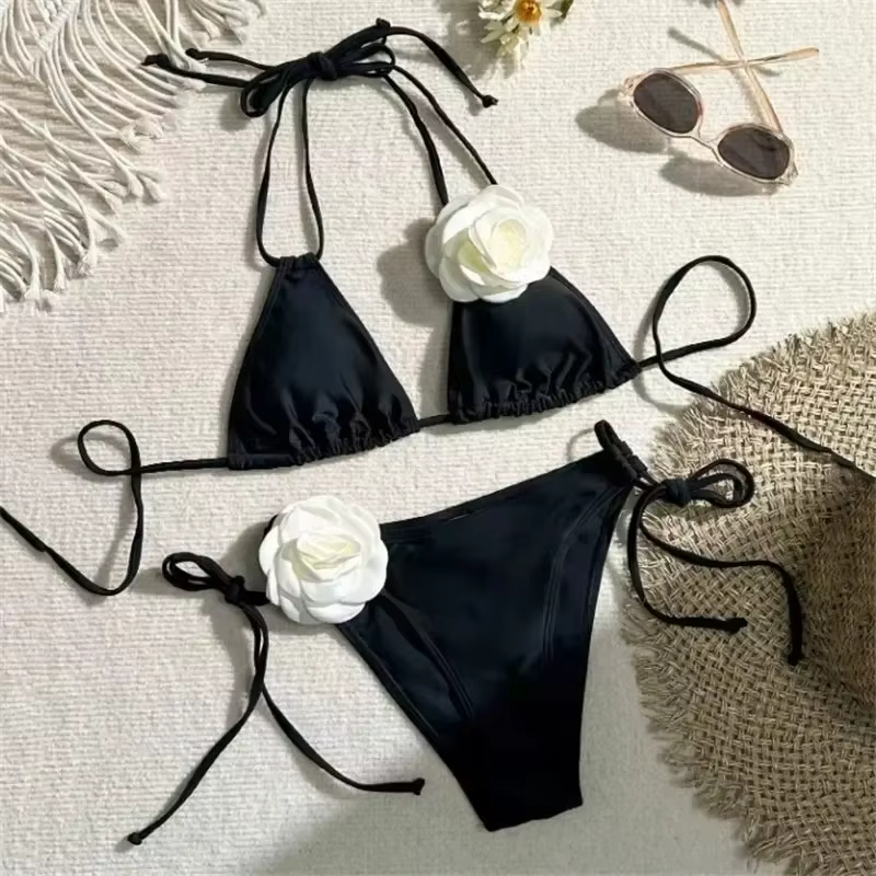 Sexy fleur maillot de bain bandeau string Bikini femmes à lacets maillots de bain natation maillot d