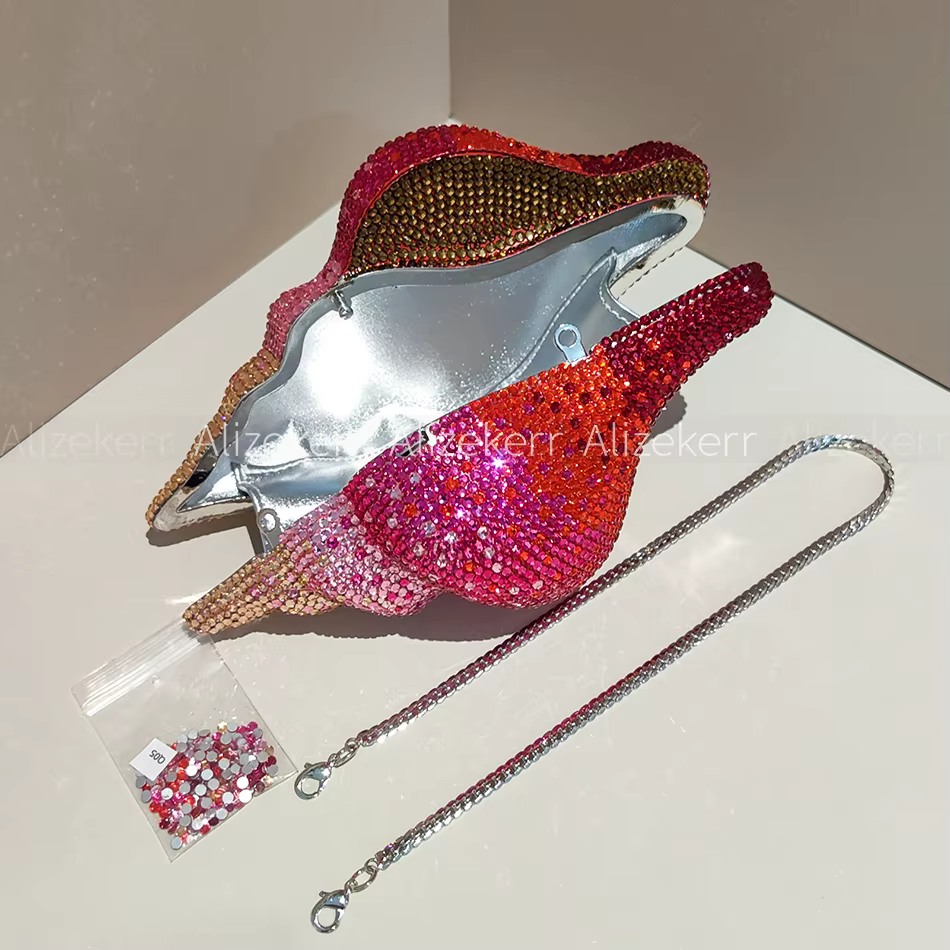 Sac de soirée Alizekerr 3D en forme de coquillage avec strass pour femme 2026 – Magnifique sac à mai