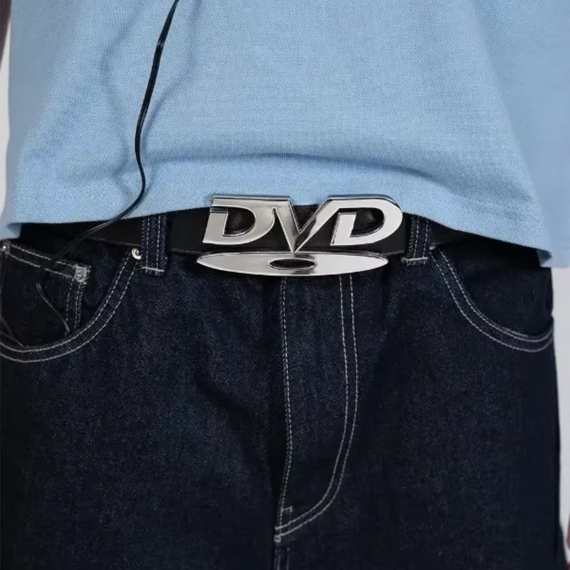 Ceinture unisexe à boucle DVD nostalgique, polyvalente, noire et blanche, décorative, pour hommes et