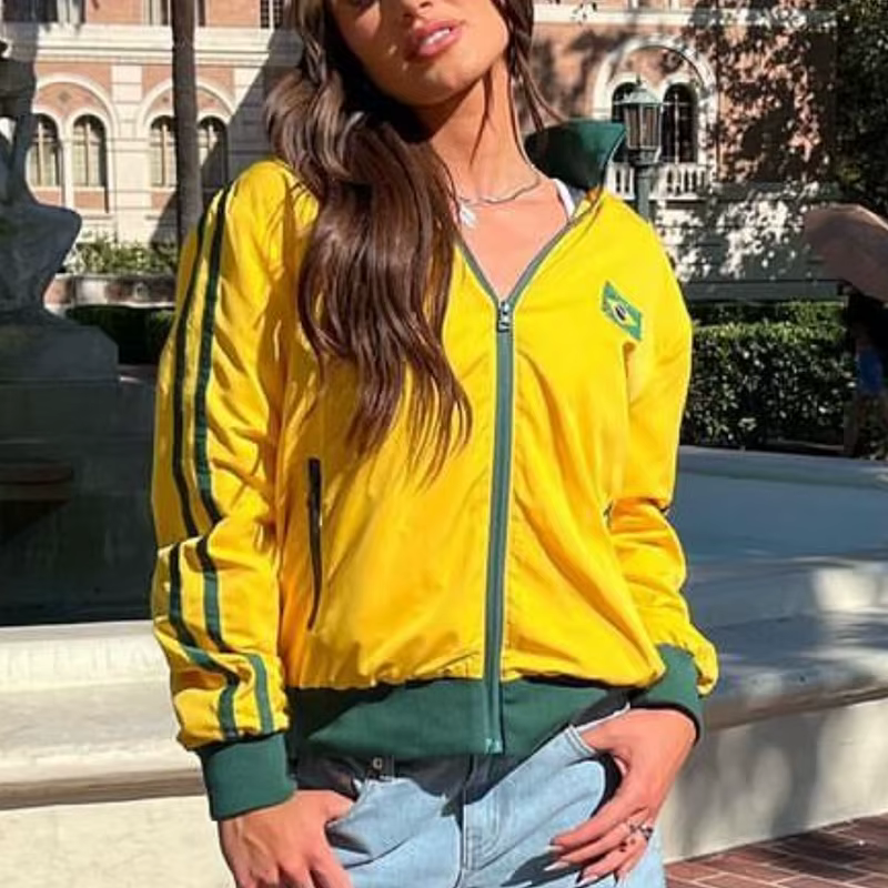 Vestes Gothiques Rétro Grunge des Années 2000, Manteau Y2k Esthétique PVD Jaune Brésil Lettre Brodée
