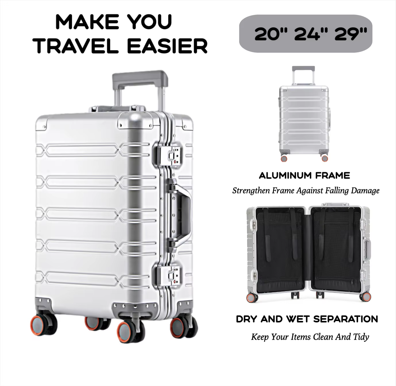Ensemble de bagages durables de grande capacité, valise en aluminium pour femmes et filles, bagage à