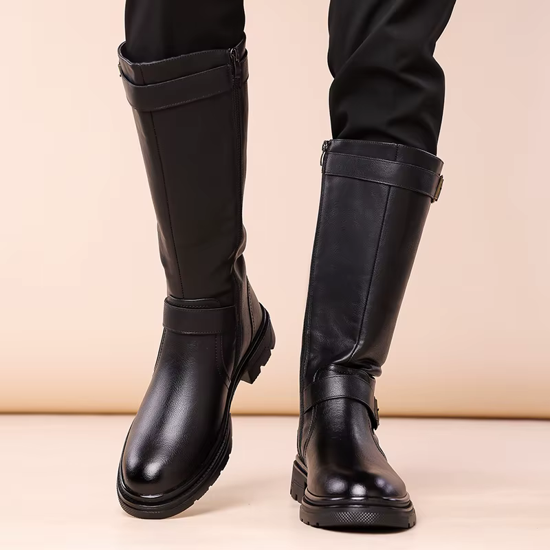 Bottes hautes britanniques en cuir noir pour hommes, bottes de moto de styliste, bottes de travail d