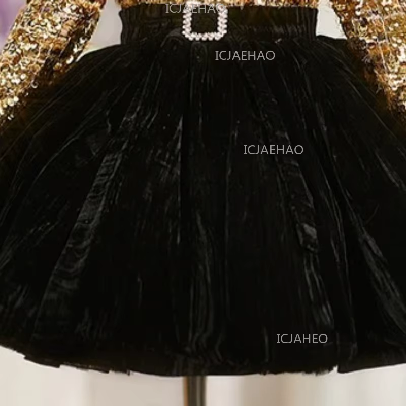 Robe de princesse bouffante super féerique à sequins dorés pour bébé fille de 1 an, style français, 