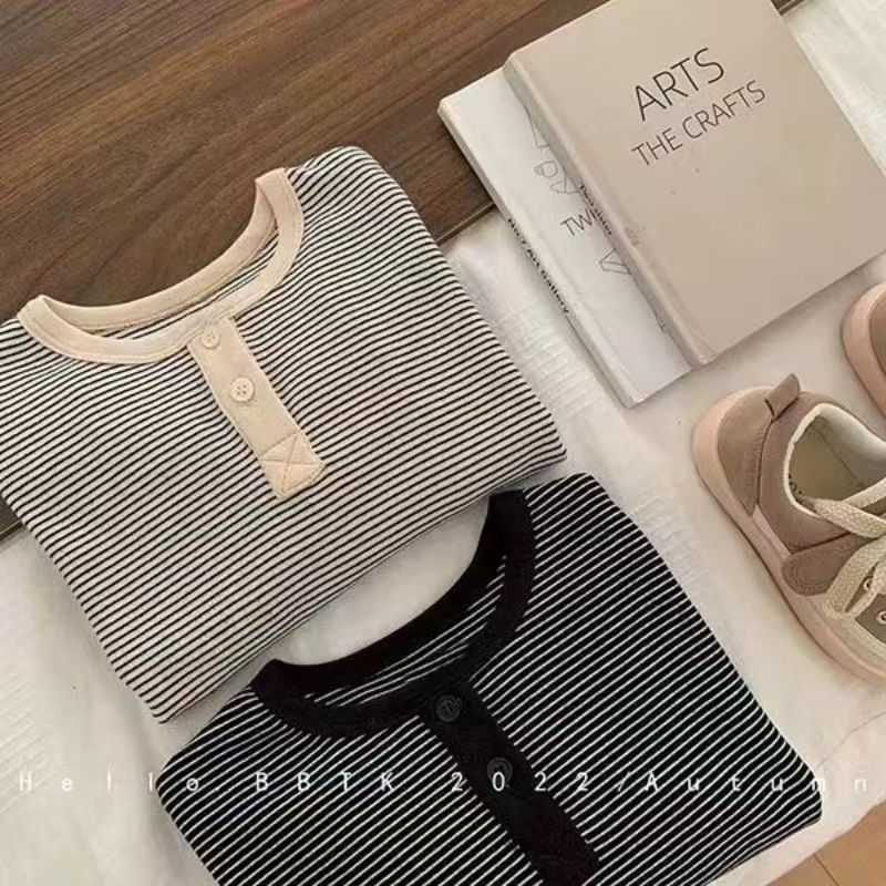 T-shirt rayé coréen à manches longues pour enfants, haut simple pour bébé, chemise chaude pour garço