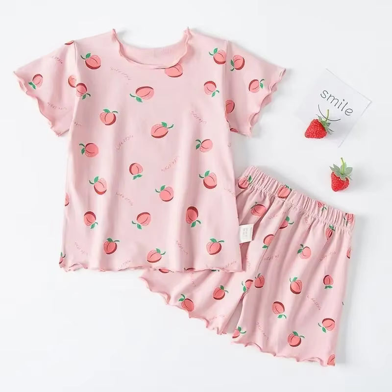 Ensemble pyjama d'été pour filles, imprimé fraises, short et t-shirt pêches roses, vêtements d'intér