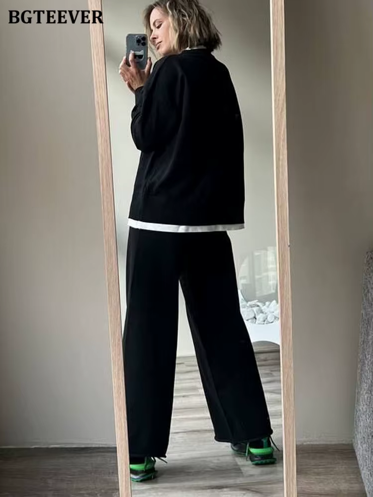BGTEEVER-Ensemble 2 pièces décontracté pour femme, pulls patchwork, manches longues, jambe large, fj