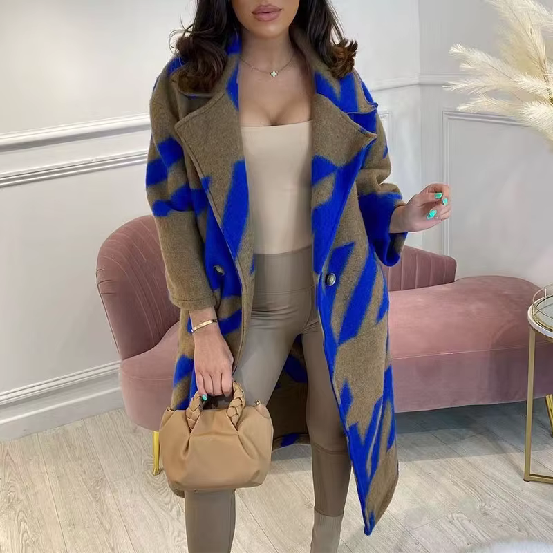 Manteau long en tweed imprimé double face pour femme, élégant, à revers, avec lacets, cardigan tenda