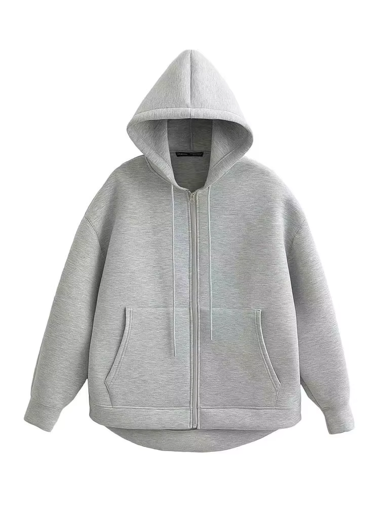 HH automne femmes gris veste avec capuche à manches longues grande poche veste à glissière manteau f