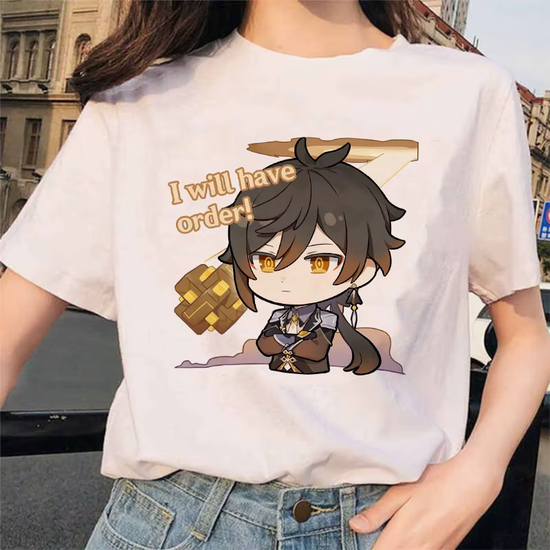 Genshin – t-shirt à imprimé de dessin animé pour femme, 100% coton, manches courtes, col rond, Haraj