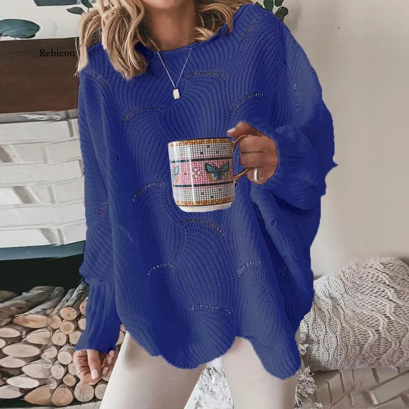 Pull à manches lanternes pour femme, élégant, ample, tricoté, décontracté, col ras du cou, couleur u