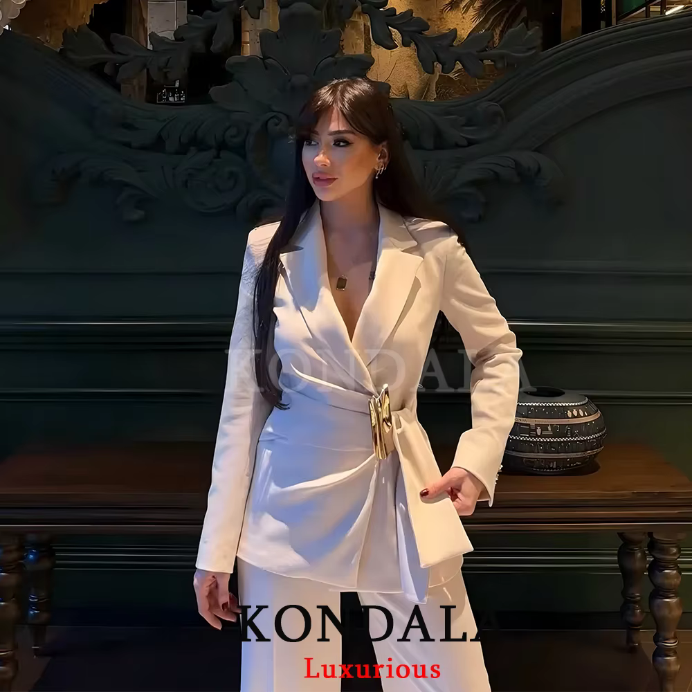 KONDALA – Nouveauté Chic pour Femme : Ensemble Blazer Blanc Uni à Manches Longues et Pantalon Long Z