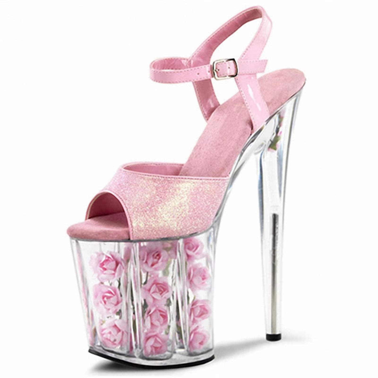 Chaussures de mariage à talons roses de 20CM, sandales à plateforme en cristal rouge avec fleurs fra