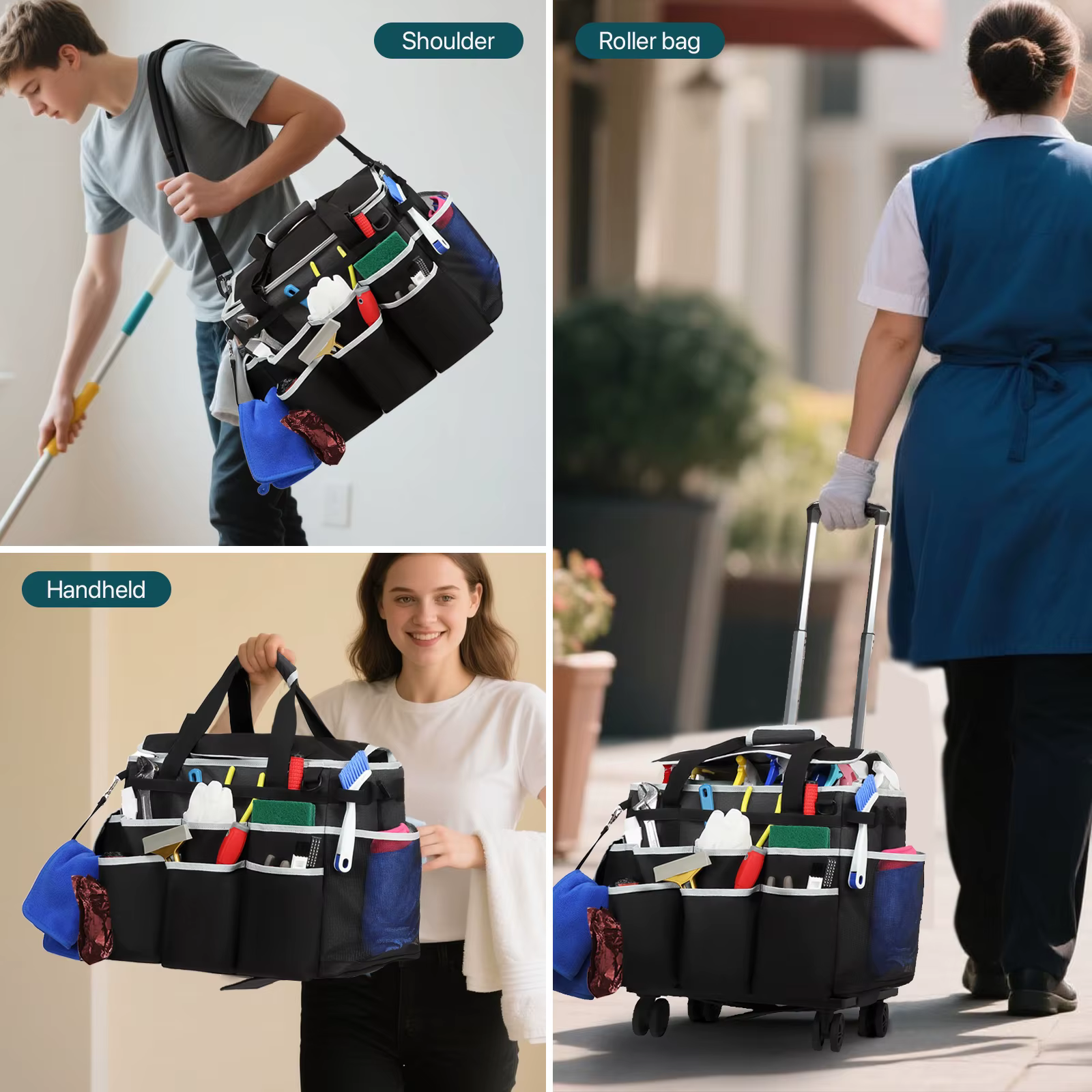 Sac de caddie de nettoyage roulant, sac à outils, sac de rangement d'outils de nettoyage, grand sac