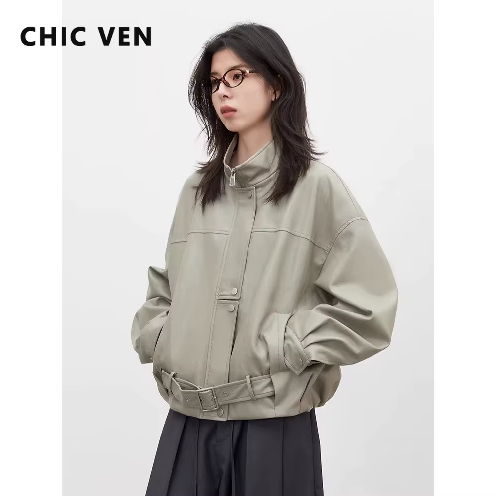 CHIC VEN Nouvelle Veste Courte Femme en PU Style Motard Coupe Ample Col Montant Unie Coupe-Vent Prin