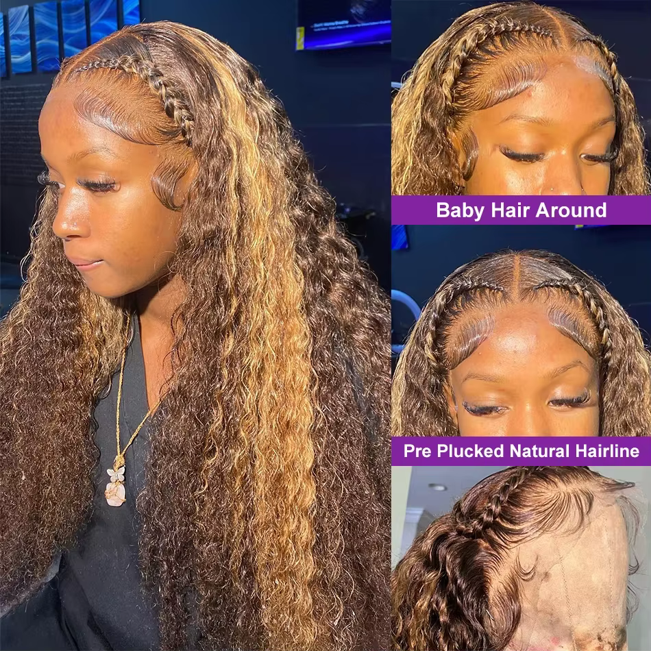 Perruque Lace Front Wig Naturelle Bouclée, Cheveux Humains, Deep Water Wave, 13x4, à Reflets Brun Mi