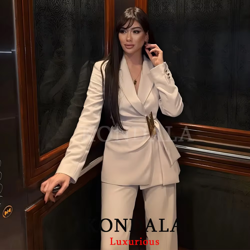 KONDALA – Nouveauté Chic pour Femme : Ensemble Blazer Blanc Uni à Manches Longues et Pantalon Long Z