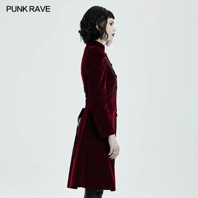 PUNK RAVE-Manteau mi-long gothique pour femme, magnifique veste rétro, velours de trame de haute qua