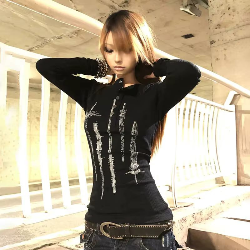 Karrcat Grunge esthétique tatouage imprimé hauts tricotés Trashy Y2k à manches longues tricot T-shir