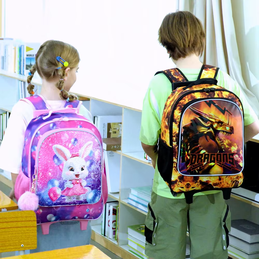 Sac à dos à roulettes Dragon 3 pièces pour garçons, sacs à dos d'école pour enfants avec roulettes, 
