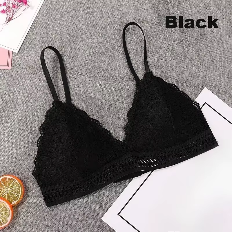 Soutien-gorge triangle en dentelle sans armatures, bretelles froncées, fermeture dorsale, dos élégan